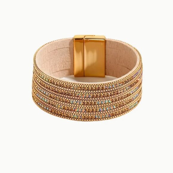 New Rhinestone Gold Cuff Multi Layer Bangle look Boho Chic Bracelet NWT - Picture 4 of 6